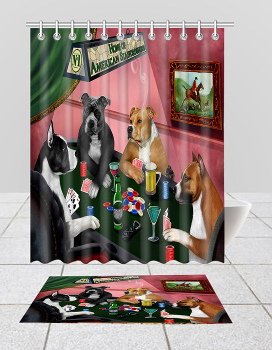 Home of  American Staffordshire Dogs Playing Poker Bath Mat and Shower Curtain Combo