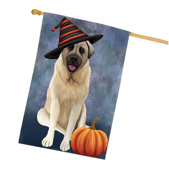Anatolian Shepherd Dog Wearing Witch Hat with Pumpkin House Flag