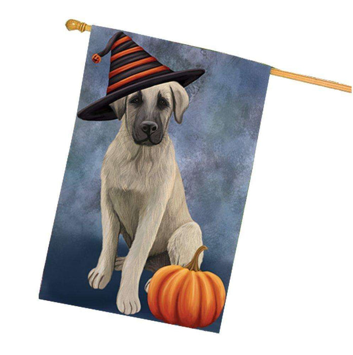 Anatolian Shepherd Puppy Dog Wearing Witch Hat with Pumpkin House Flag