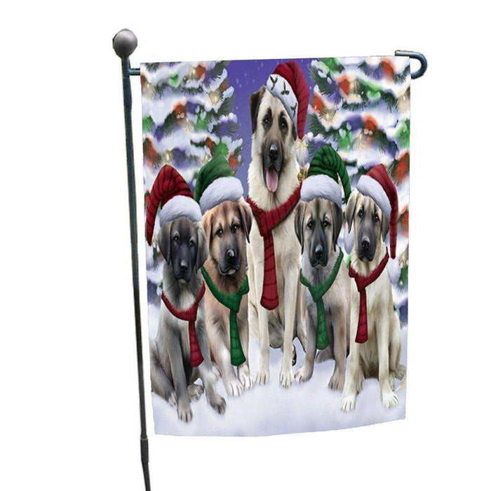 Anatolian Shepherds Dog Christmas Family Portrait in Holiday Scenic Background Garden Flag