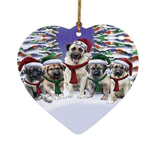 Anatolian Shepherds Dog Christmas Family Portrait in Holiday Scenic Background Heart Ornament