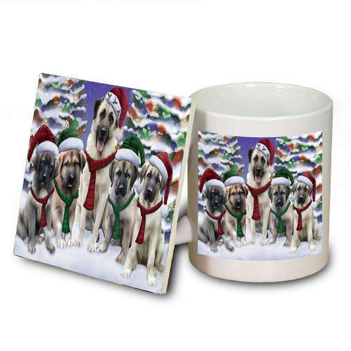 Anatolian Shepherds Dog Christmas Family Portrait in Holiday Scenic Background Mug and Coaster Set