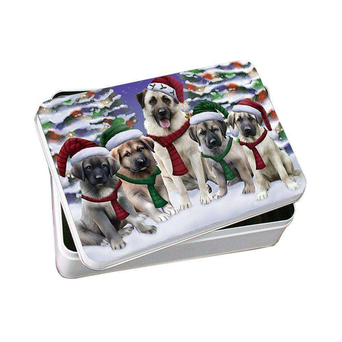 Anatolian Shepherds Dog Christmas Family Portrait in Holiday Scenic Background Photo Storage Tin