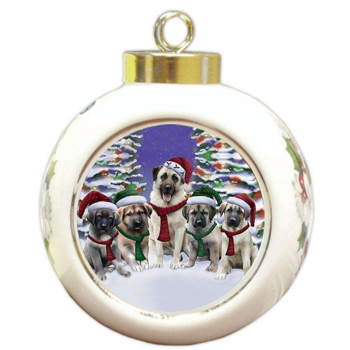 Anatolian Shepherds Dog Christmas Family Portrait in Holiday Scenic Background Round Ball Ornament