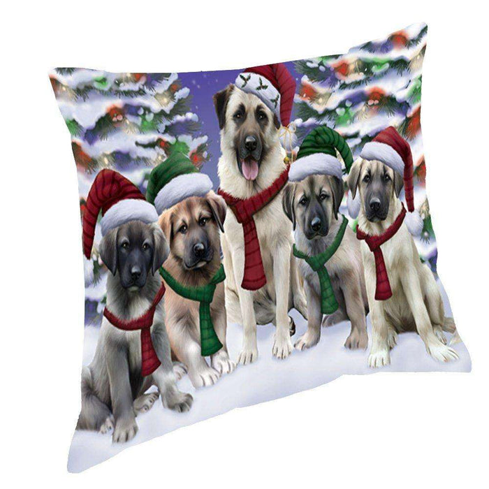 Anatolian Shepherds Dog Christmas Family Portrait in Holiday Scenic Background Throw Pillow