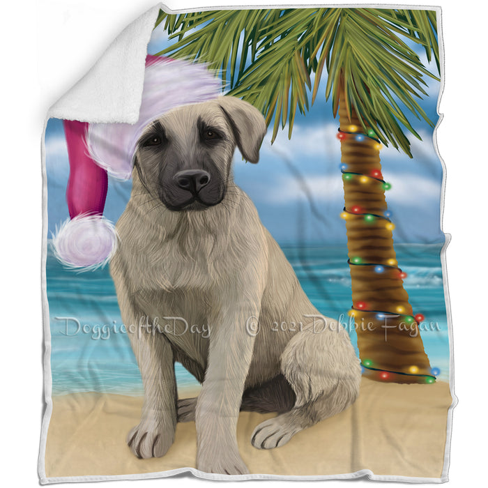 Summertime Happy Holidays Christmas Anatolian Shepherd Puppy Dog on Tropical Island Beach Blanket D107