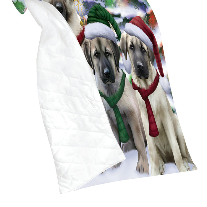 Anatolian Shepherd Dogs Christmas Family Portrait in Holiday Scenic Background Quilt
