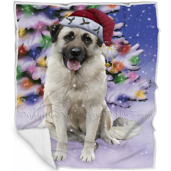 Winterland Wonderland Anatolian Shepherds Dog In Christmas Holiday Scenic Background Blanket