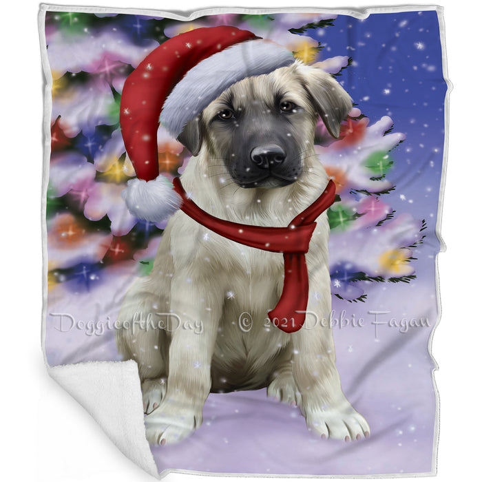 Winterland Wonderland Anatolian Shepherds Puppy Dog In Christmas Holiday Scenic Background Blanket