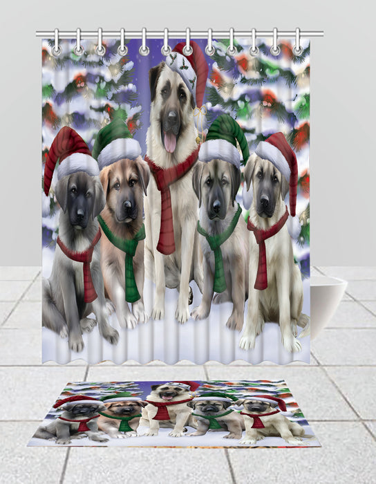 Anatolian Shepherd Dogs Christmas Family Portrait in Holiday Scenic Background  Bath Mat and Shower Curtain Combo