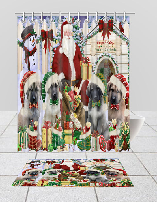 Happy Holidays Christmas Anatolian Shepherd Dogs House Gathering Bath Mat and Shower Curtain Combo