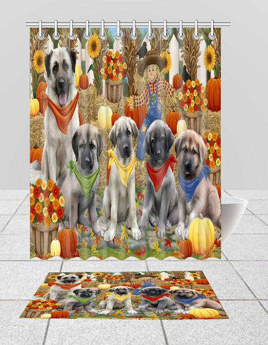 Fall Festive Harvest Time Gathering Anatolian Shepherd Dogs Bath Mat and Shower Curtain Combo