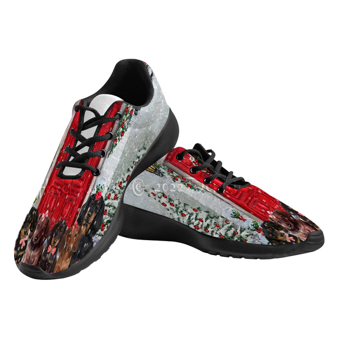 Christmas Holiday Welcome Red Door Dachshund Dog on Women's Athletic Shoes