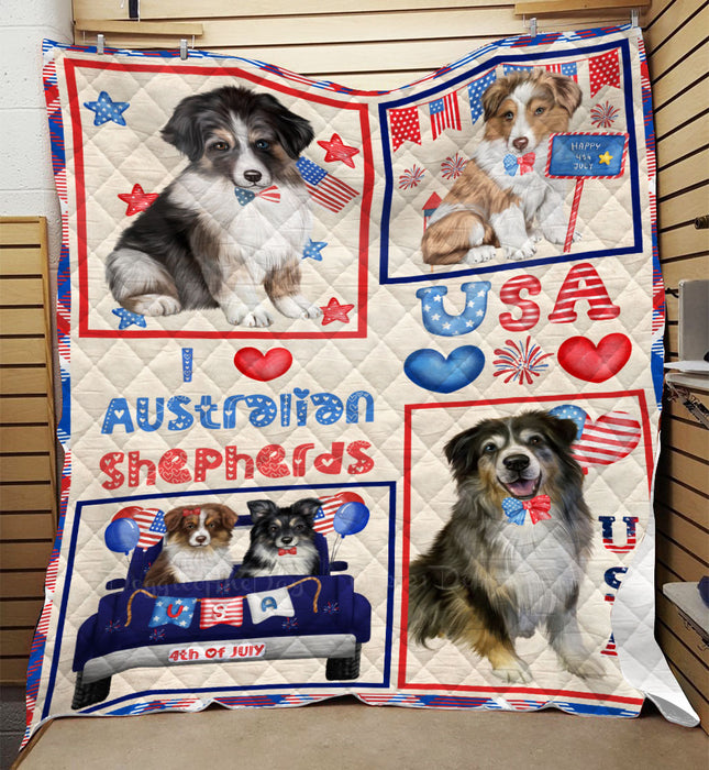 4th of July Independence Day I Love USA Australian Shepherd Dogs Quilt Bed Coverlet Bedspread - Pets Comforter Unique One-side Animal Printing - Soft Lightweight Durable Washable Polyester Quilt