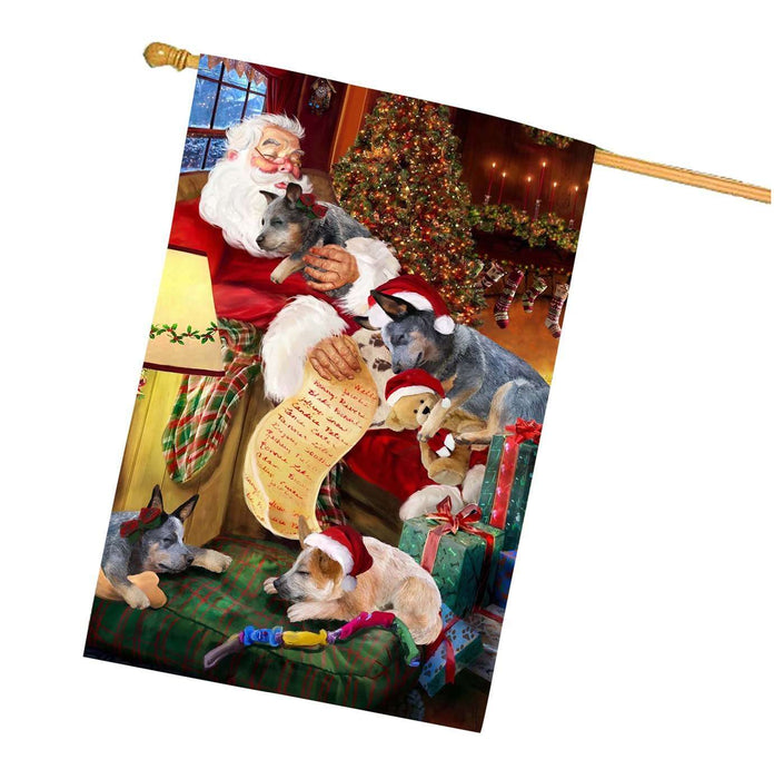Australian Cattle Dog and Puppies Sleeping with Santa House Flag