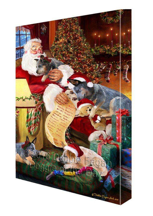 Australian Cattle Dog and Puppies Sleeping with Santa Painting Printed on Canvas Wall Art