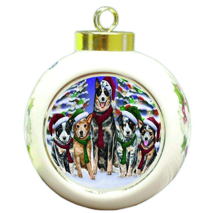 Australian Cattle Dog Christmas Family Portrait in Holiday Scenic Background Round Ball Ornament D128