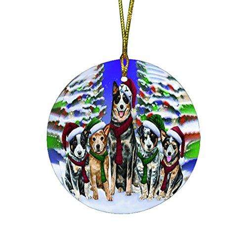 Australian Cattle Dog Christmas Family Portrait in Holiday Scenic Background Round Ornament D128