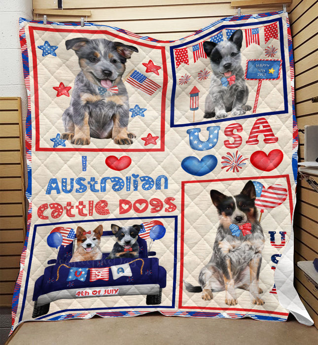 4th of July Independence Day I Love USA Australian Cattle Dogs Quilt Bed Coverlet Bedspread - Pets Comforter Unique One-side Animal Printing - Soft Lightweight Durable Washable Polyester Quilt