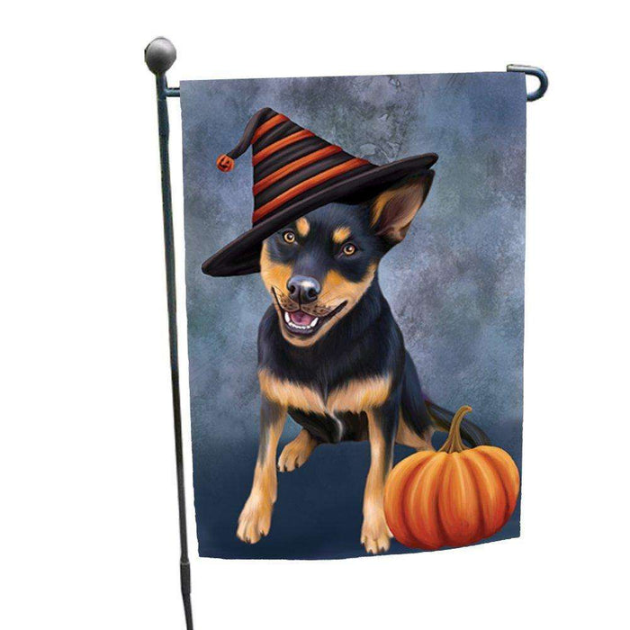 Australian Kelpie Black And Tan Dog Wearing Witch Hat with Pumpkin Garden Flag