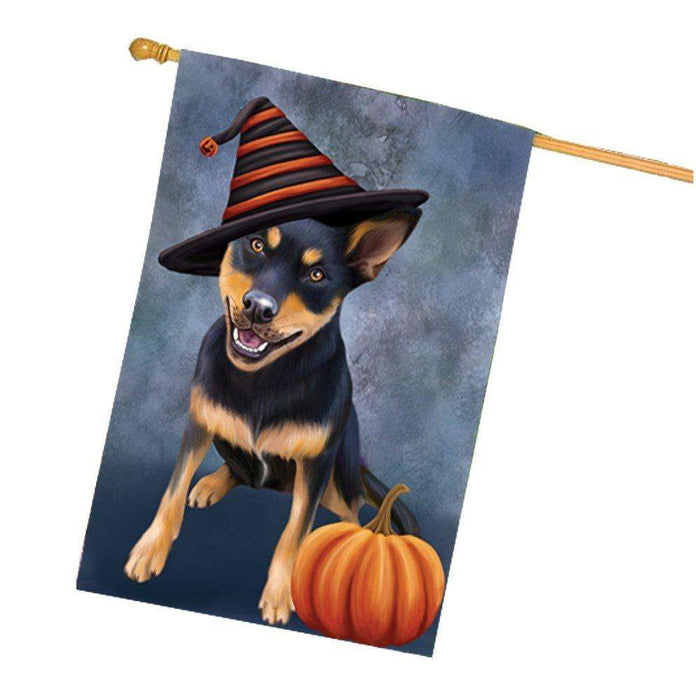 Australian Kelpie Black And Tan Dog Wearing Witch Hat with Pumpkin House Flag