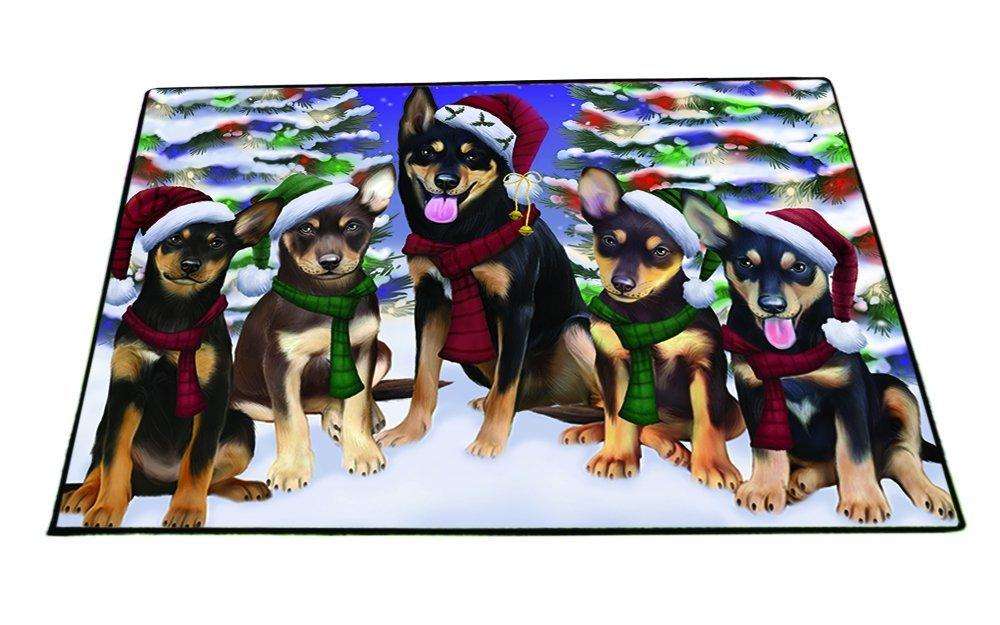 Australian Kelpies Dog Christmas Family Portrait in Holiday Scenic Background Indoor/Outdoor Floormat