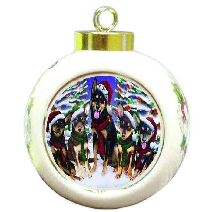 Australian Kelpies Dog Christmas Family Portrait in Holiday Scenic Background Round Ball Ornament D159