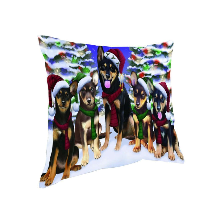 Australian Kelpies Dog Christmas Family Portrait in Holiday Scenic Background Throw Pillow