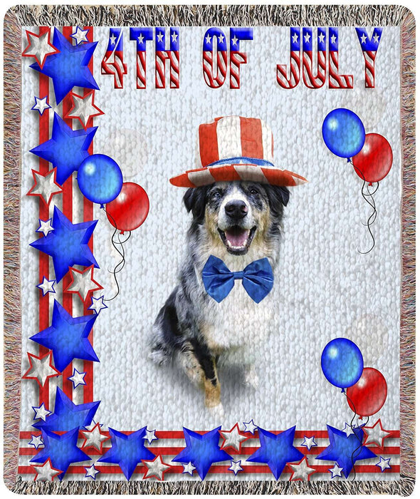 Australian Shepherd Blue Merle Patriotic Woven Throw Blanket 54 x 38