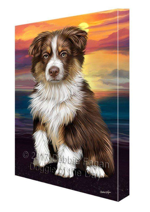 Australian Shepherd Brown Puppy Dog Painting Printed on Canvas Wall Art Signed