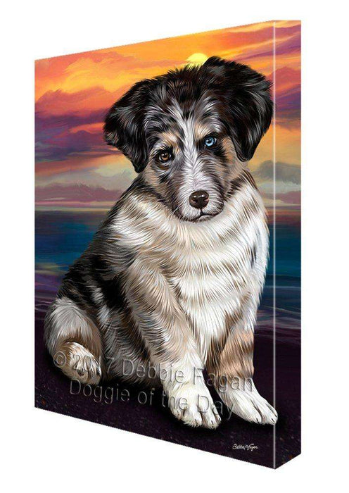 Australian Shepherd Brown Puppy Dog Painting Printed on Canvas Wall Art Signed