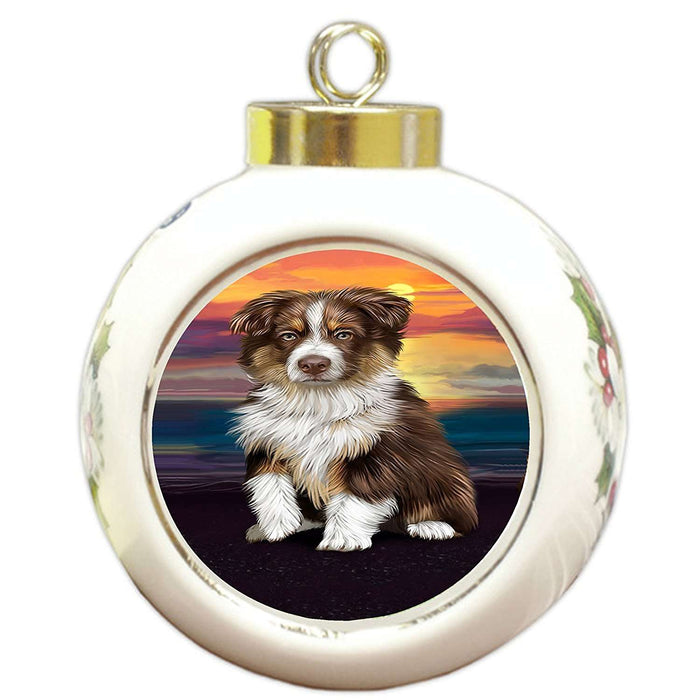 Australian Shepherd Brown Puppy Dog Round Ball Christmas Ornament