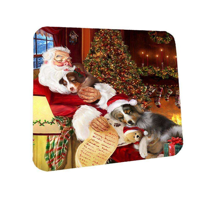 Australian Shepherd Dog and Puppies Sleeping with Santa Coasters Set of 4