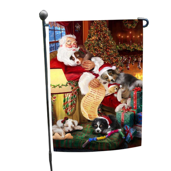 Australian Shepherd Dog and Puppies Sleeping with Santa Garden Flag