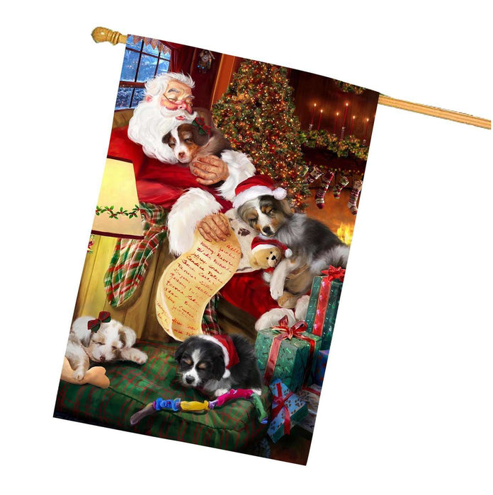 Australian Shepherd Dog and Puppies Sleeping with Santa House Flag