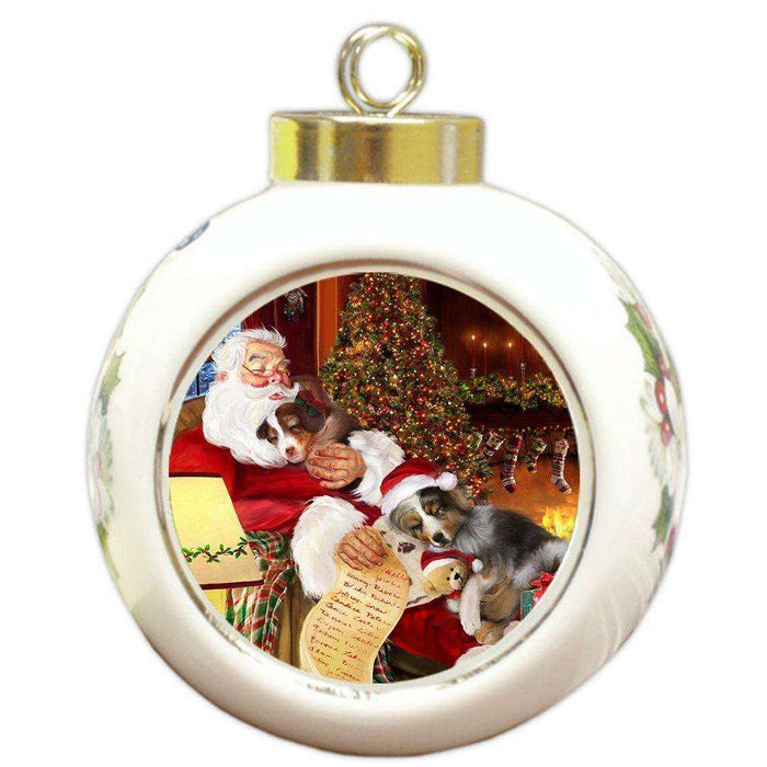Australian Shepherd Dog and Puppies Sleeping with Santa Round Ball Christmas Ornament D417
