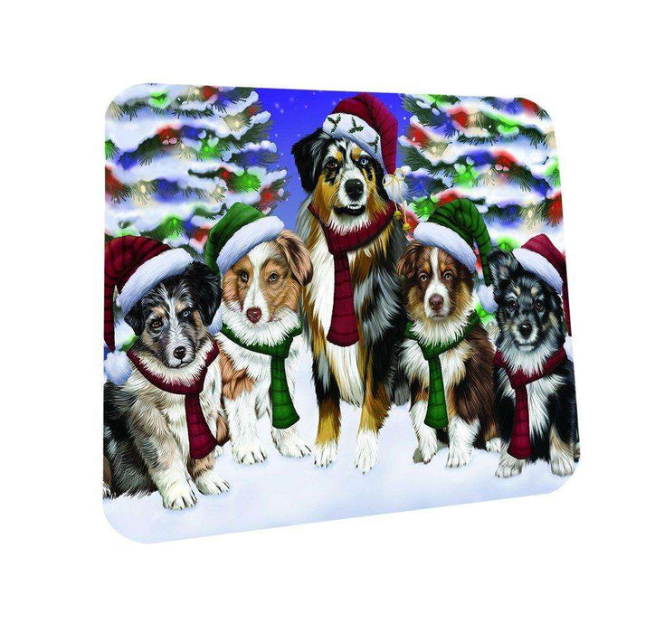 Australian Shepherd Dog Christmas Family Portrait in Holiday Scenic Background Coasters Set of 4