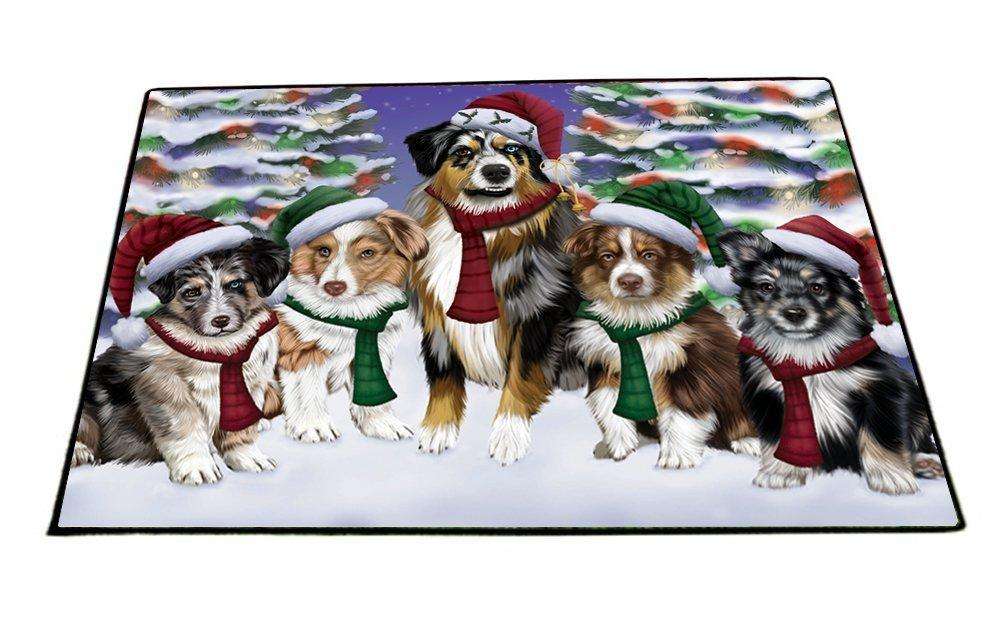 Australian Shepherd Dog Christmas Family Portrait in Holiday Scenic Background Indoor/Outdoor Floormat