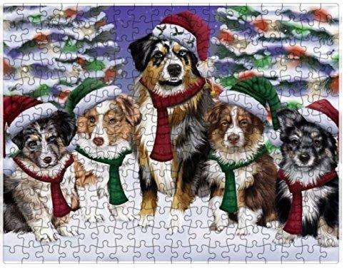 Australian Shepherd Dog Christmas Family Portrait in Holiday Scenic Background Puzzle with Photo Tin