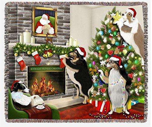 Australian Shepherd Dog Tree Trimming Christmas Party Woven Throw Blanket 54 X 38