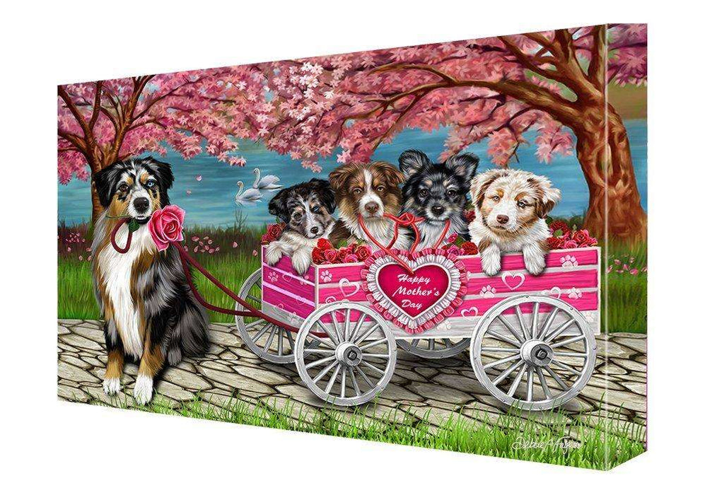 Australian Shepherd Dog w/ Puppies Mother's Day Painting Printed on Canvas Wall Art Signed