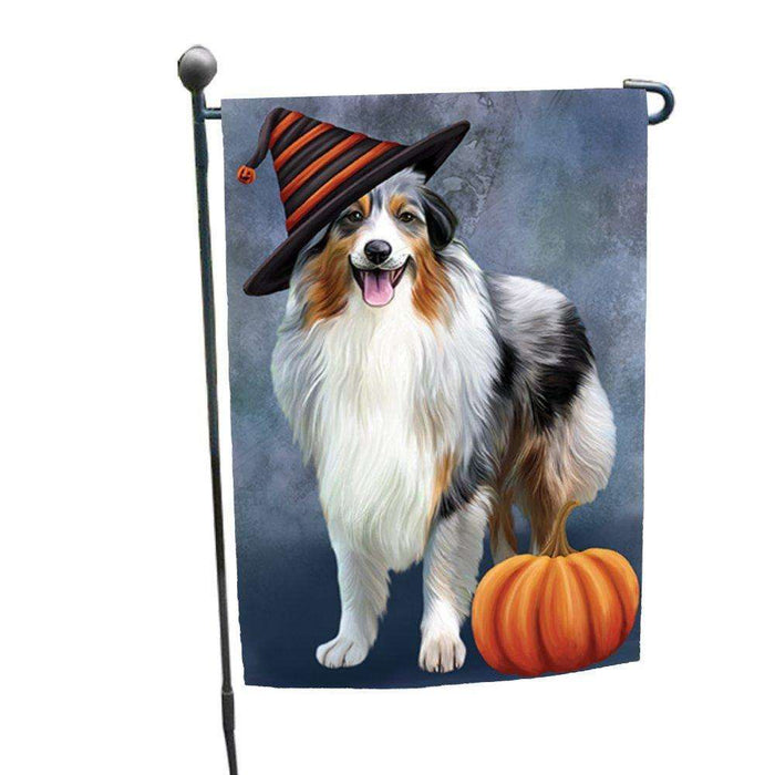 Australian Shepherd Dog Wearing Witch Hat with Pumpkin Garden Flag