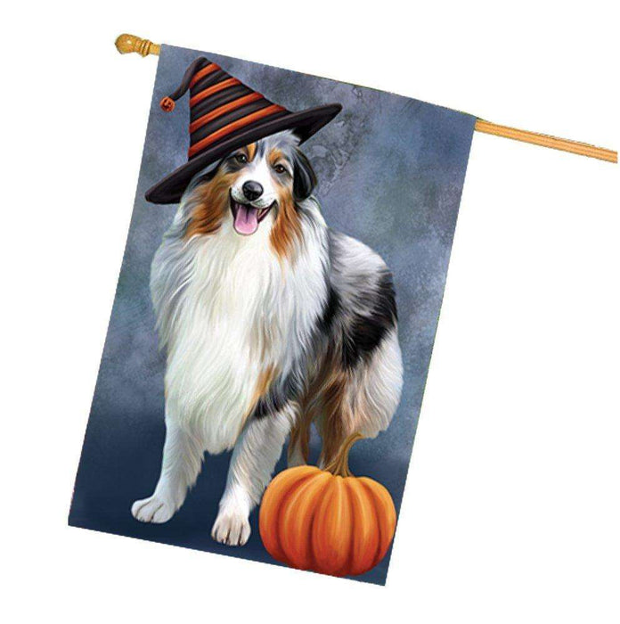 Australian Shepherd Dog Wearing Witch Hat with Pumpkin House Flag