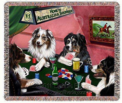 Australian Shepherd Dogs Playing Poker Woven Throw Blanket 54 x 38