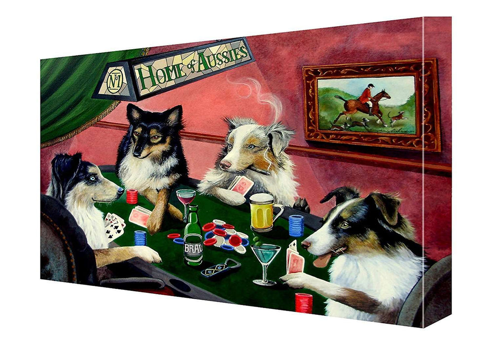 Australian Shepherd Four Dogs Playing Poker Canvas