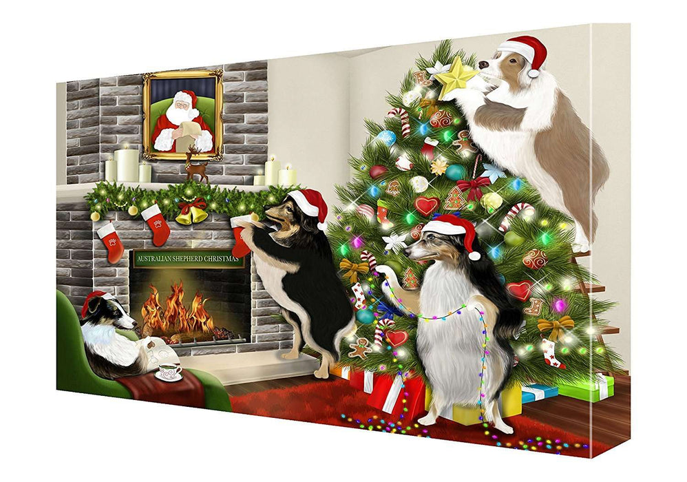 Australian Shepherd Tree Trimming Christmas Party Canvas