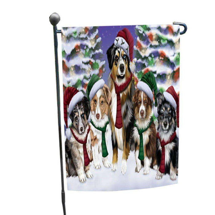 Australian Shepherds Dog Christmas Family Portrait in Holiday Scenic Background Garden Flag