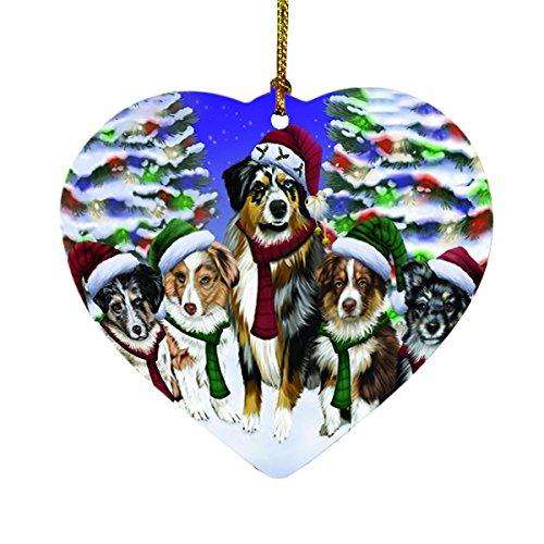Australian Shepherds Dog Christmas Family Portrait in Holiday Scenic Background Heart Ornament D129