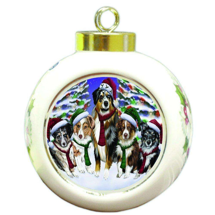 Australian Shepherds Dog Christmas Family Portrait in Holiday Scenic Background Round Ball Ornament D129