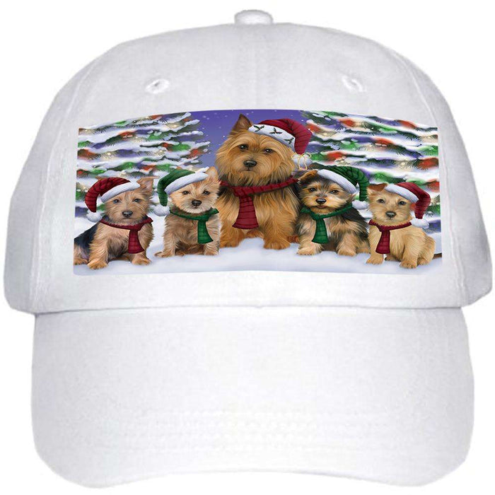 Australian Terriers Dog Christmas Family Portrait in Holiday Scenic Background Ball Hat Cap HAT61848